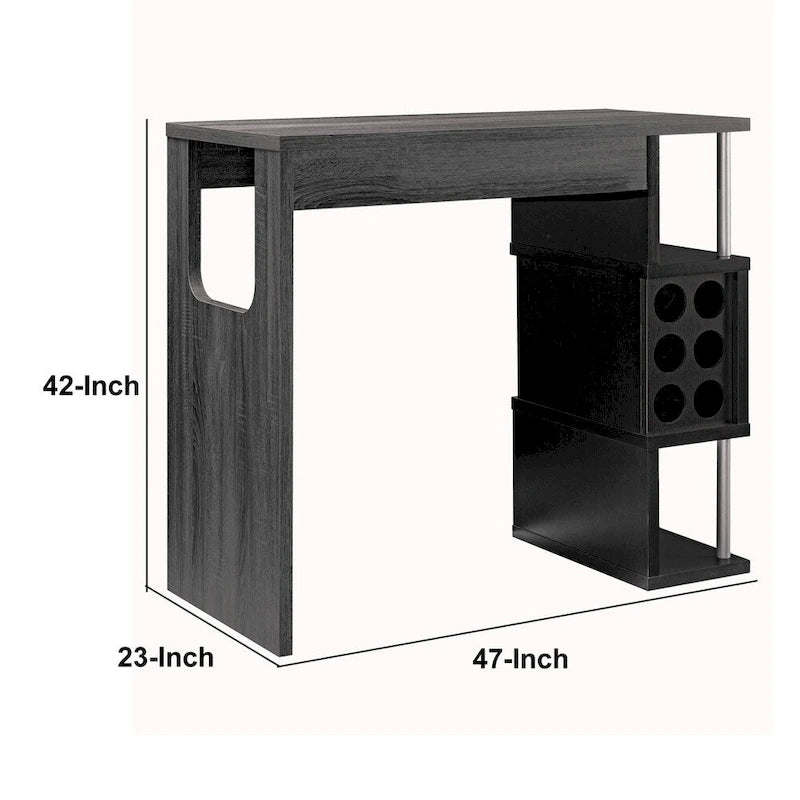 Table de bar avec étagères latérales à 3 niveaux et supports à verres à vin, grise