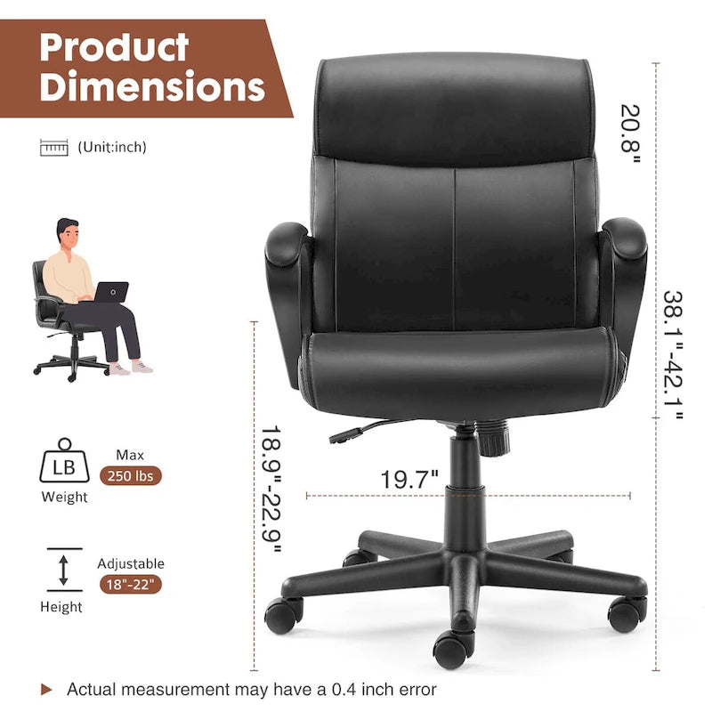 Chaise de bureau réglable avec accoudoirs rembourrés et siège en cuir PU