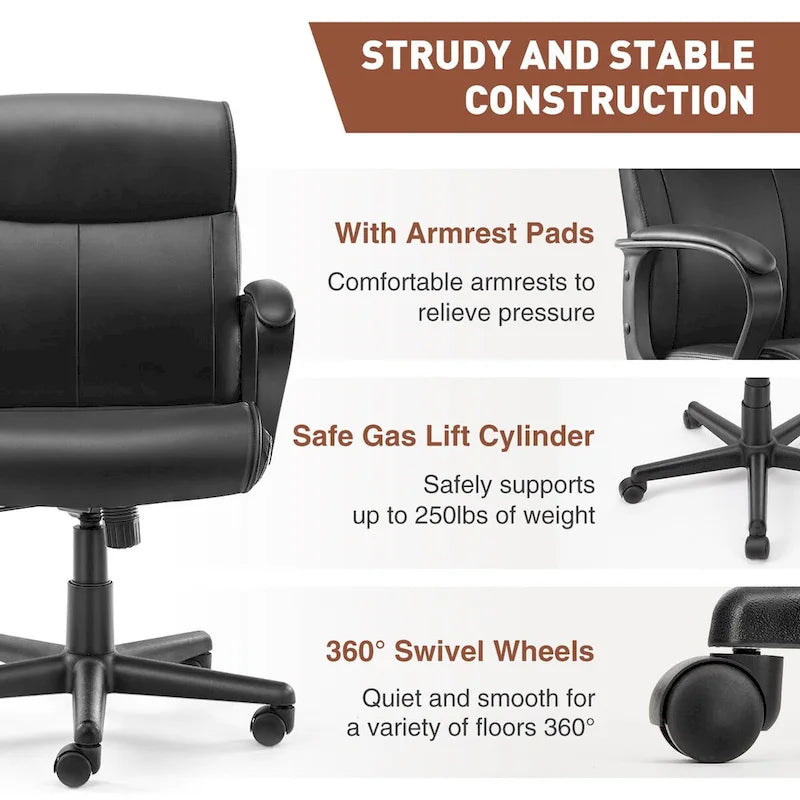 Chaise de bureau réglable avec accoudoirs rembourrés et siège en cuir PU