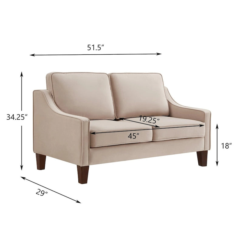 Canapé deux places en velours avec accoudoirs carrés, 51,5" L