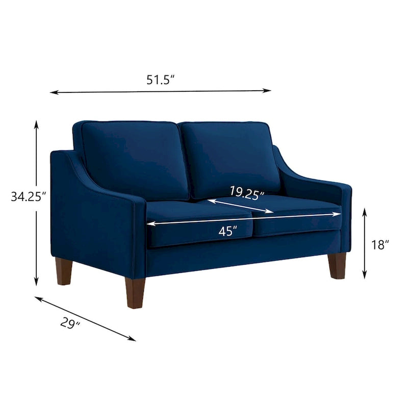 Canapé deux places en velours avec accoudoirs carrés, 51,5" L