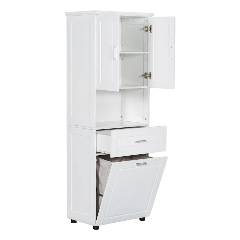 Meuble de rangement de salle de bain avec panier à linge et armoire haute