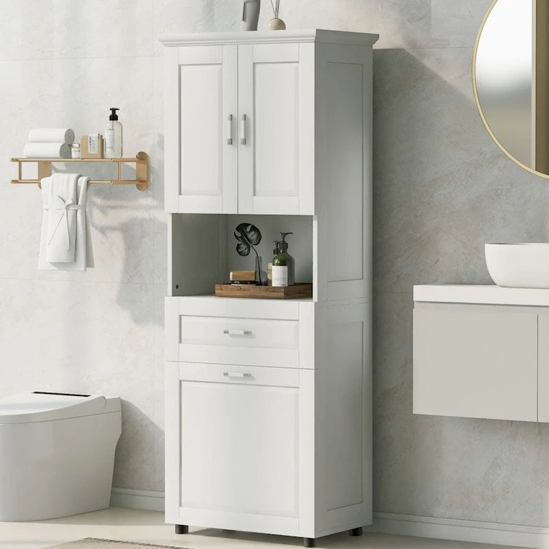 Meuble de rangement de salle de bain avec panier à linge et armoire haute