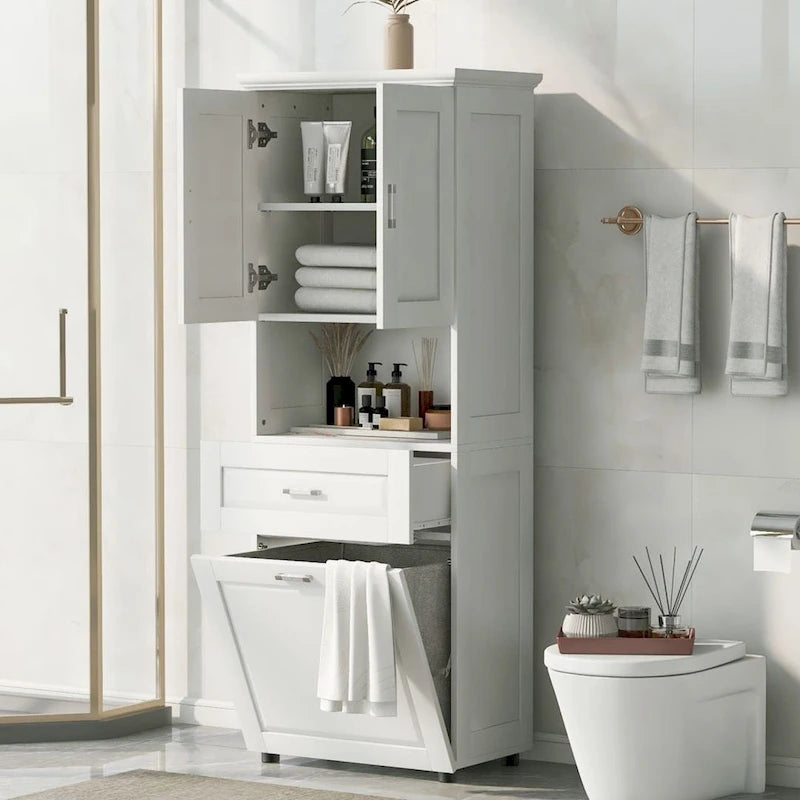 Meuble de rangement de salle de bain avec panier à linge et armoire haute
