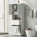 Meuble de rangement de salle de bain avec panier à linge et armoire haute