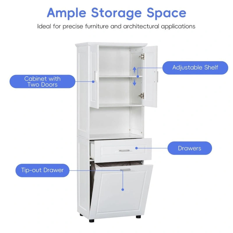 Meuble de rangement de salle de bain avec panier à linge et armoire haute