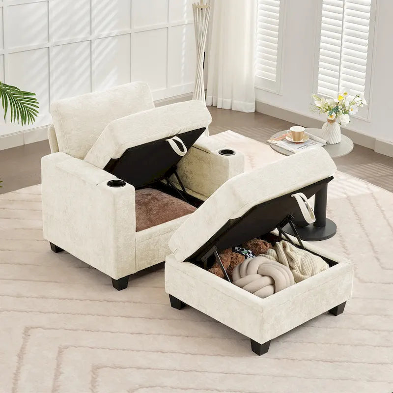 Fauteuil simple avec rangement caché et pouf amovible