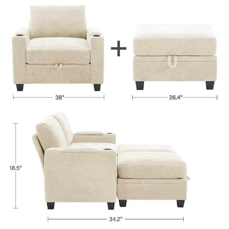 Fauteuil simple avec rangement caché et pouf amovible