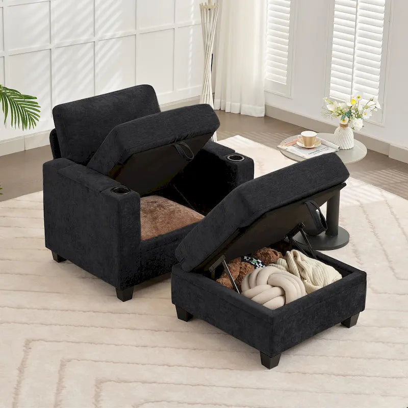 Fauteuil simple avec rangement caché et pouf amovible