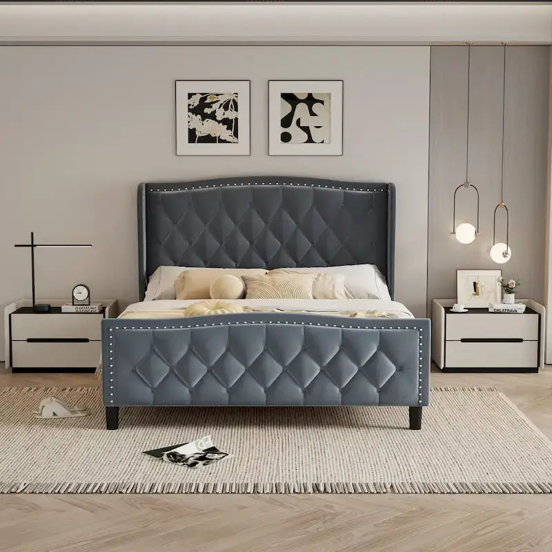 Lit plateforme capitonné Queen Size avec tête de lit à oreilles et support à lattes en bois