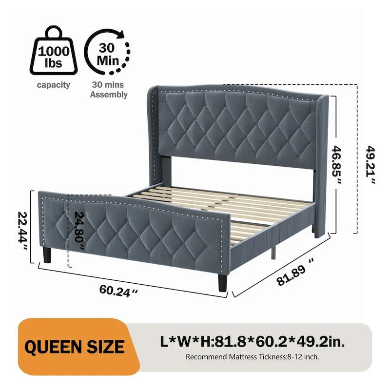 Lit plateforme capitonné Queen Size avec tête de lit à oreilles et support à lattes en bois