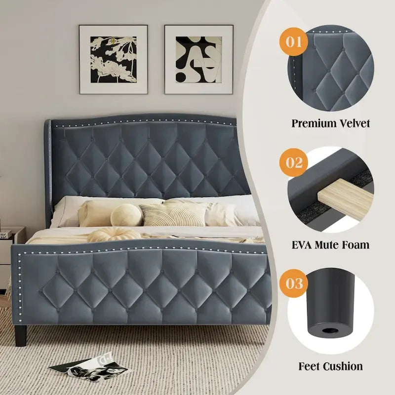 Lit plateforme capitonné Queen Size avec tête de lit à oreilles et support à lattes en bois