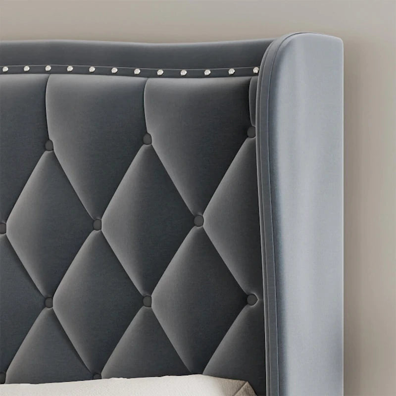 Lit plateforme capitonné Queen Size avec tête de lit à oreilles et support à lattes en bois