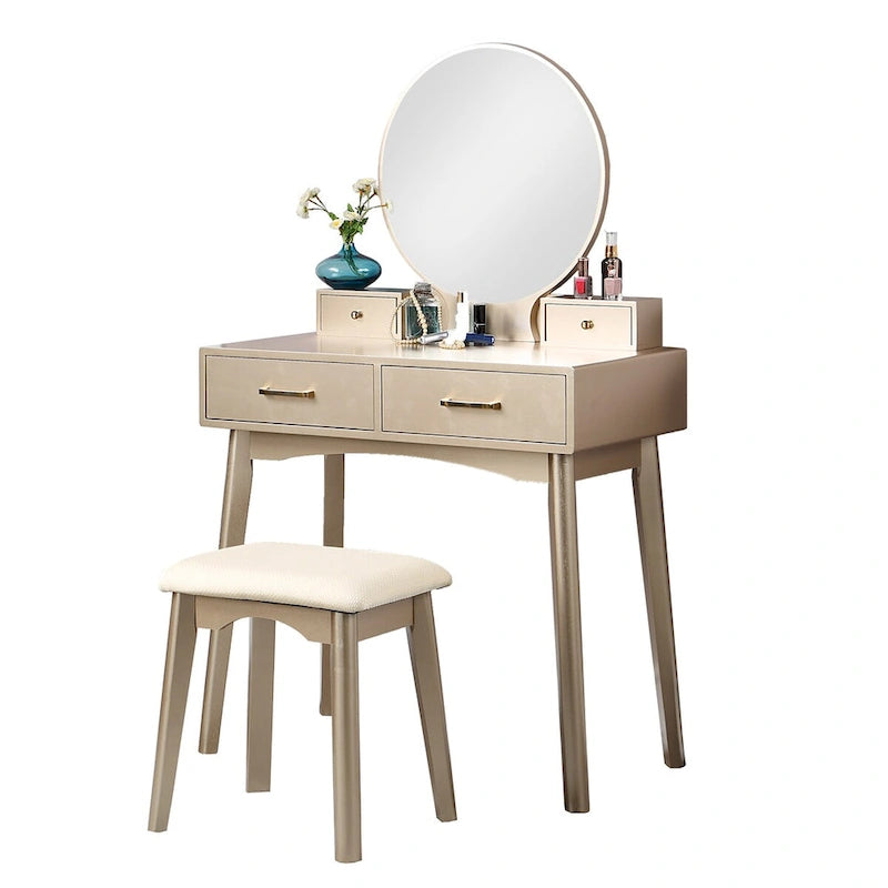 Coiffeuse en bois avec miroir et tabouret