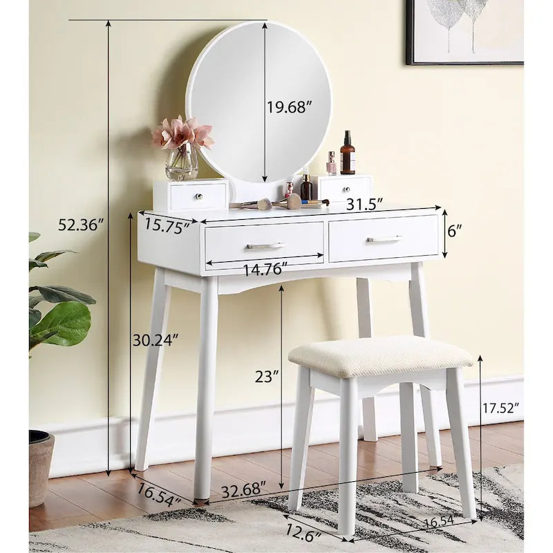 Coiffeuse en bois avec miroir et tabouret