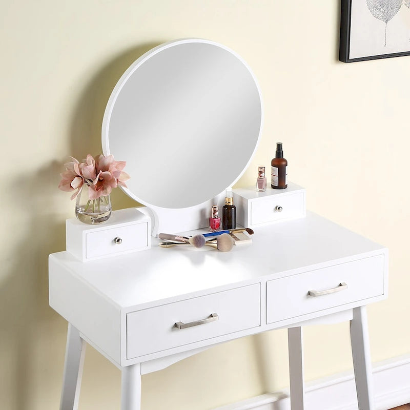 Coiffeuse en bois avec miroir et tabouret
