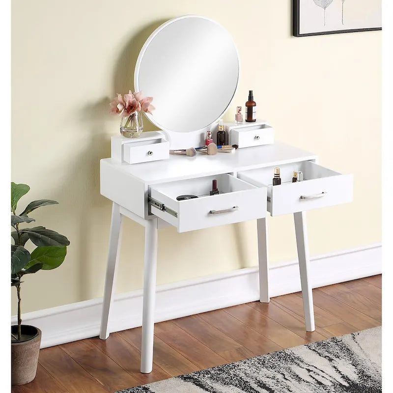 Coiffeuse en bois avec miroir et tabouret