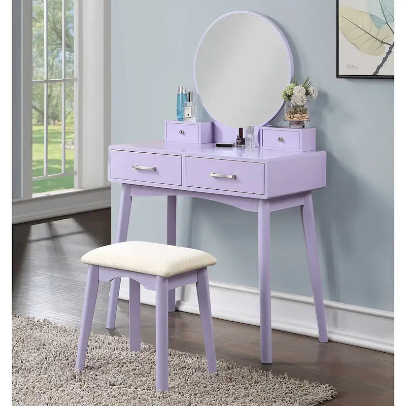 Coiffeuse en bois avec miroir et tabouret