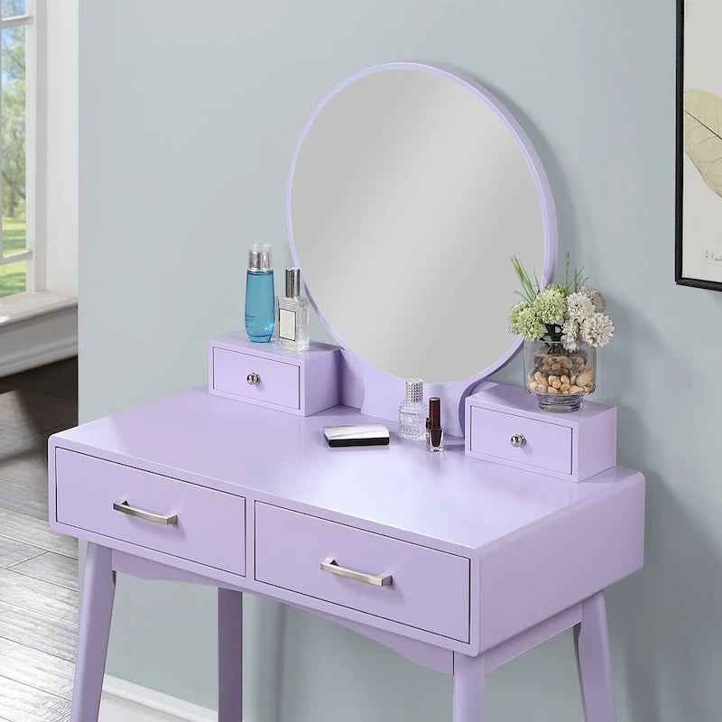 Coiffeuse en bois avec miroir et tabouret