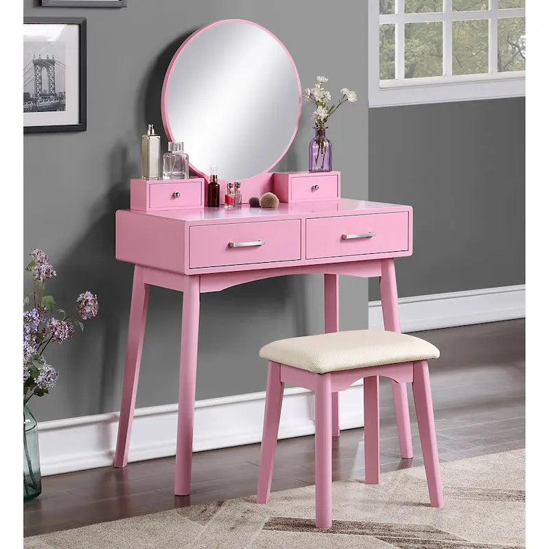 Coiffeuse en bois avec miroir et tabouret