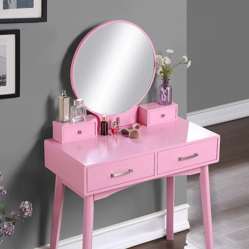 Coiffeuse en bois avec miroir et tabouret
